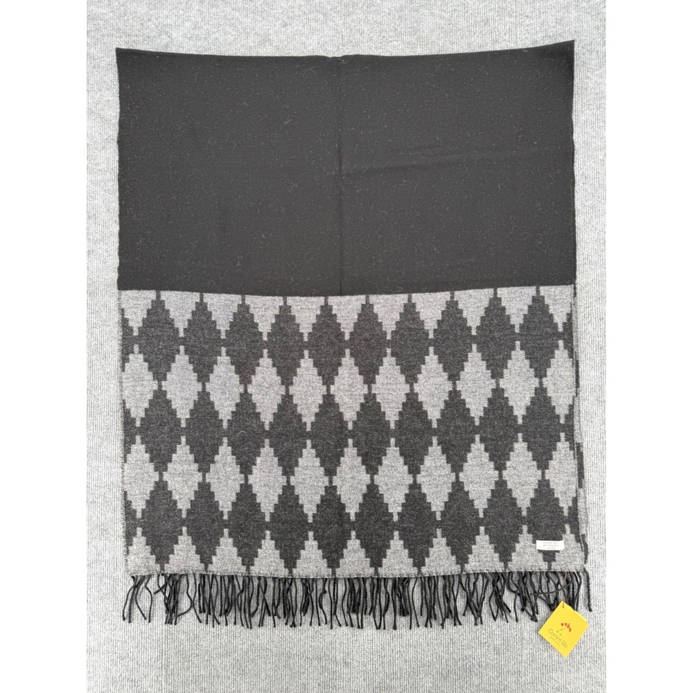Corrieri Ido Made in Italy 100% Wool Geometric Diamond Fringe Scarf Shawl Black